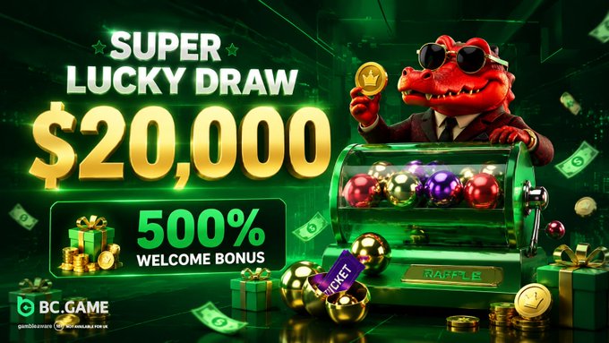 An advertisement banner for BC.GAME features a crocodile mascot holding a coin, promoting a 'SUPER LUCKY DRAW' with '$20,000' and a '500% WELCOME BONUS'.