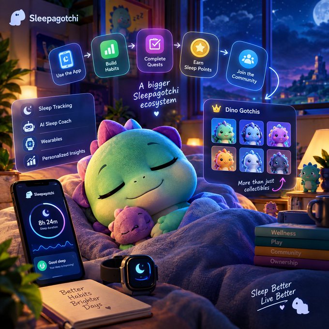 A promotional graphic for 'Sleepagotchi' showing a cute sleeping dinosaur plush, a smartphone app interface, a smartwatch, and various collectible 'Dino Gotchis' with the tagline 'A bigger Sleepagotchi ecosystem'.