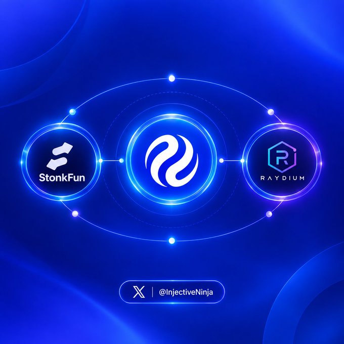 A blue graphic showing three interconnected crypto logos: 'StonkFun', an unlabeled central emblem, and 'RAYDIUM', with '@InjectiveNinja' at the bottom.