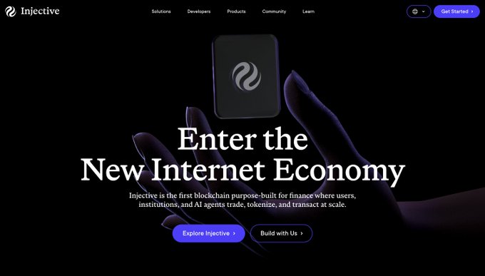 A dark-themed website landing page for Injective features the headline 'Enter the New Internet Economy' with a description noting it is a blockchain built for finance, and buttons to 'Explore Injective' and 'Build with Us'.