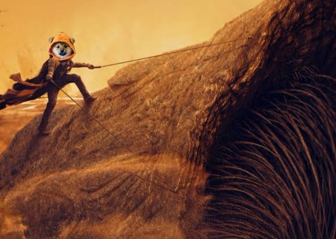A fantasy digital artwork shows a small figure wearing a tiger-themed helmet and cape climbing a steep, sandy-colored cliff face, with a large furry creature in the foreground.