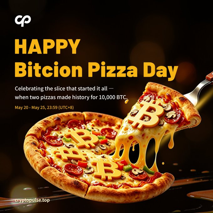 The image features a pizza with Bitcoin symbols on top of it, along with a slice being lifted from the pizza by a fork. The background includes text that reads "Happy Bittion Pizza Day" and "100 Reward Up for Grabs! To a lucky person RePost & Follow @CryptopulseGLBL @Airdrop_NewCoin Join giveaway on Quoted Tweet Post Proof". This image is related to the post because it promotes Bitcoin-themed pizza, which could be considered an advertisement or a celebration of Bitcoin. The presence of the fork lifting the slice also adds to the theme and emphasizes the connection between Bitcoin and pizza.