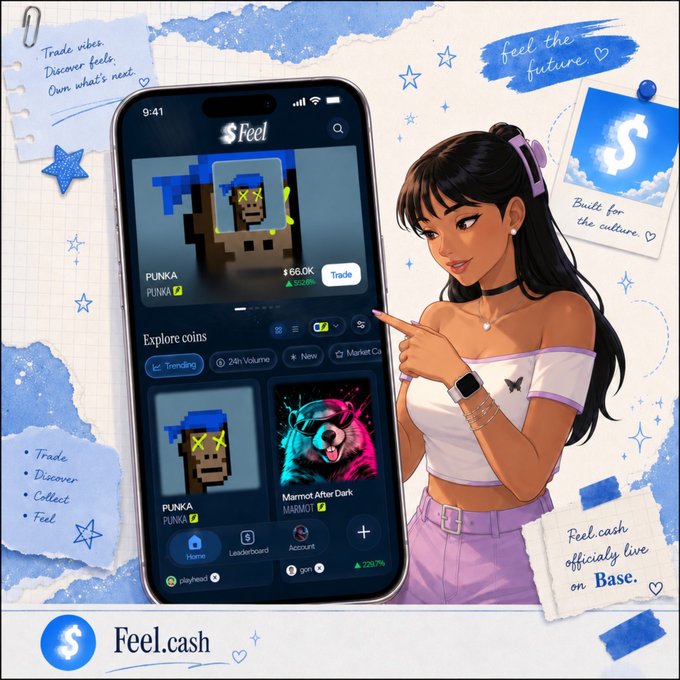 An advertisement for the "Feel" app shows a phone displaying cryptocurrency trading features next to a cartoon illustration of a woman, with text including "Trade vibes. Discover feels. Own what's next" and "Feel cash officially live on Base."