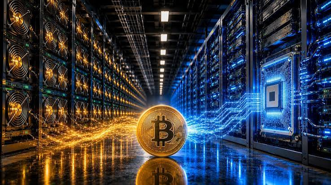 A digital artwork showing a glowing Bitcoin coin at the center of a cryptocurrency mining data center, with rows of servers extending into the distance and blue and orange light streams representing data flow.