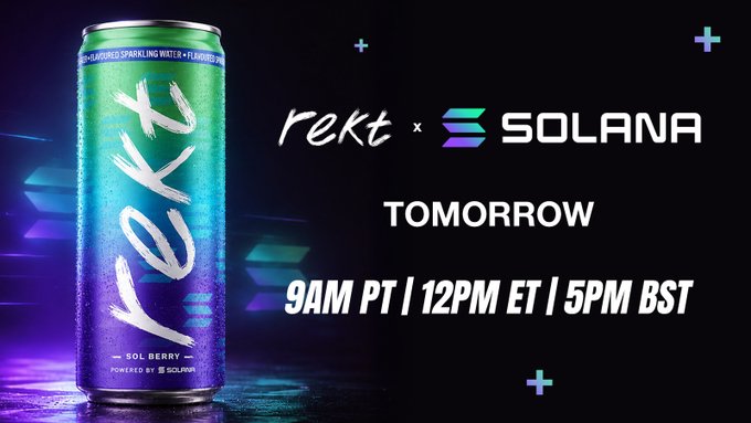 The image features a can of soda, likely Rekt, with the text "Rekt x Solana" written on it. The can also has an arrow pointing towards the word "solana", indicating that this product belongs to the company Solana. The image is accompanied by a banner promoting the release of the soda and the upcoming event. The post mentions that Rekt will be launching their new product, a blueberry-flavored soda called "Solana" on tomorrow at 9AM PT | 12PM ET | 5PM BST. This means that the soda will be available for purchase during these hours in various locations around the world.