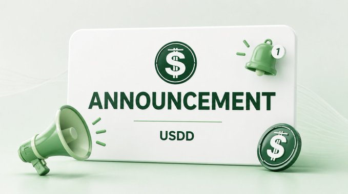A 3D green and white announcement graphic featuring a megaphone, bell, and dollar sign coin icons, displaying the text "ANNOUNCEMENT USDD" to alert users about USDD token scams and emphasize verifying transactions through official contract addresses.