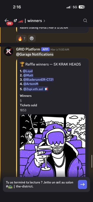 A Discord screenshot showing a #winners channel with a message from GRID Platform announcing raffle winners for 5X KRAK HEADS, listing usernames like @Loyd, @Matt, @BladerunnerER-C721, @ArtemM, and @zspi.eth.sol, with 1853 tickets sold.