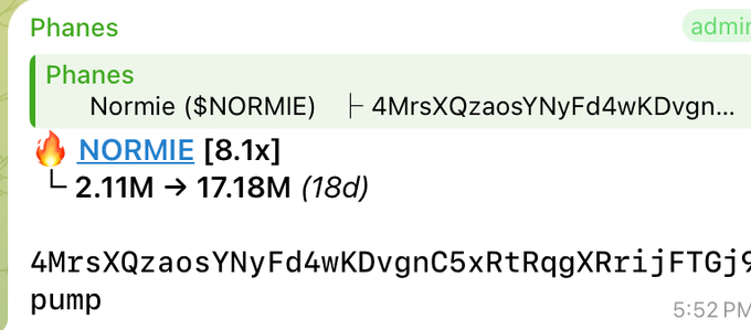 A Telegram group named "Phanes" shares a call tracking $NORMIE ([8.1x] gain, growing from 2.11M to 17.18M over 18 days) along with a Solana contract address, illustrating the post's point that Solana silently pumps coins in the background without confrontation.