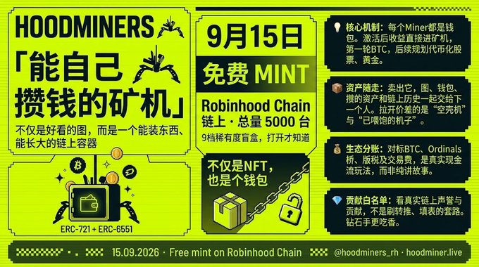 Promotional graphic for "HOODMINERS" advertising a free mint on September 15 on Robinhood Chain, with text in Chinese explaining it as a money-making miner (能自己攒钱的矿机) and detailing mechanics like activation, asset inheritance, and ecosystem distribution.