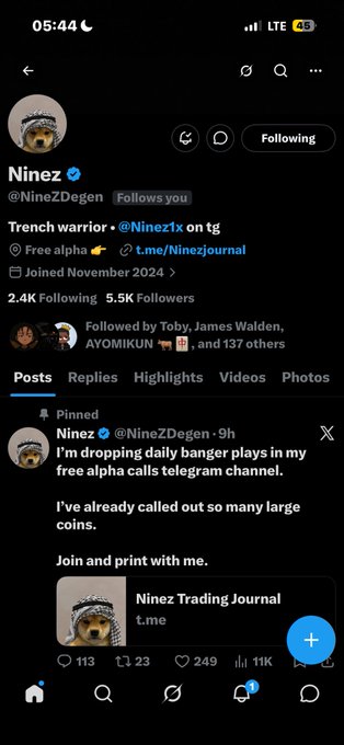 A Twitter/X profile screenshot of @NineZDegen showing 2.4K Following and 5.5K Followers, with a pinned post promoting the 'Ninez Trading Journal' on Telegram and offering free alpha calls.
