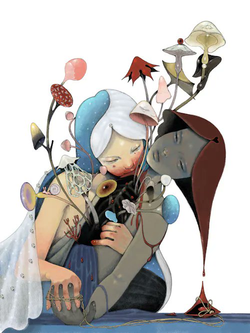 A surreal illustration shows two figures embracing and sleeping, surrounded by an array of colorful mushrooms, flowers, and dripping elements.