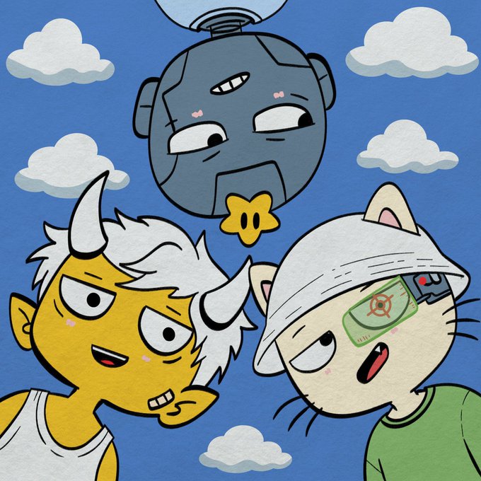 A digital drawing depicts a yellow demon-like character and a cat-like character wearing a hat and a targeting visor, with a floating mechanical head above them against a blue sky with clouds.