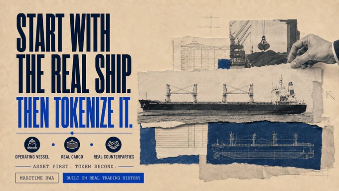 A retro-style promotional graphic featuring the headline "START WITH THE REAL SHIP. THEN TOKENIZE IT." alongside images of cargo ships, blueprints, and a handshake, emphasizing "MARITIME RWA - BUILT ON REAL TRADING HISTORY" through icons highlighting operating vessels, real cargo, and real counterparties—visually reinforcing the post's message about EthraShip tokenizing an actual trading ship rather than a paper concept.