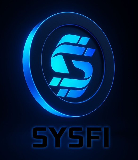 A glowing blue circular logo with a stylized 'S' design for SYSFI on a dark background.