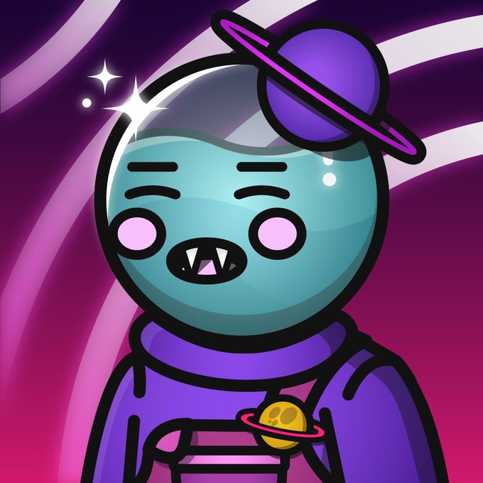 A cartoon character with a teal, translucent head featuring a purple planet (Saturn) floating inside, small fangs, pink eyes, and wearing a purple space suit against a swirling purple background.