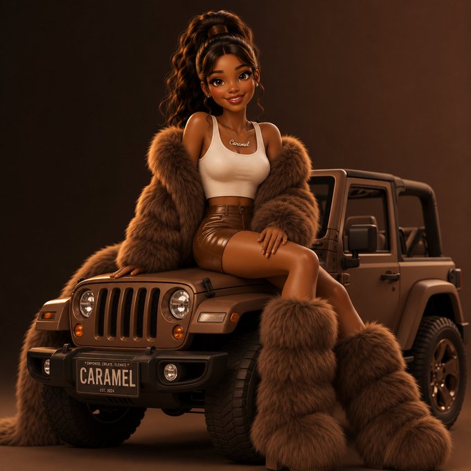 A stylized 3D-rendered image of a woman with a high ponytail wearing a white crop top and brown leather shorts, seated on a tan Jeep with 'CARAMEL' on the license plate, draped in a large brown fur coat against a brown background.