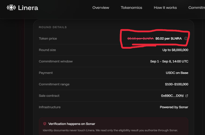 A screenshot from the Linera token sale page showing round details, including a token price of '$0.02 per $LNRA' (crossed out from $0.10), a round size up to $8,000,000, and USDC payment on Base, highlighted with a red box.