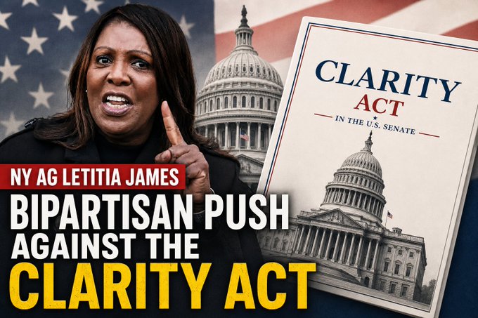 Thumbnail image showing NY AG Letitia James with text 'BIPARTISAN PUSH AGAINST THE CLARITY ACT' next to a graphic of the 'CLARITY ACT IN THE U.S. SENATE' over the Capitol building.