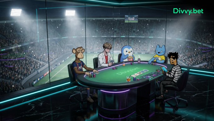 An animated scene of cartoon characters including a monkey, human, blue creature, cat, and Bored Ape playing poker at a casino table, with 'Divvy.bet' displayed in the top right corner.