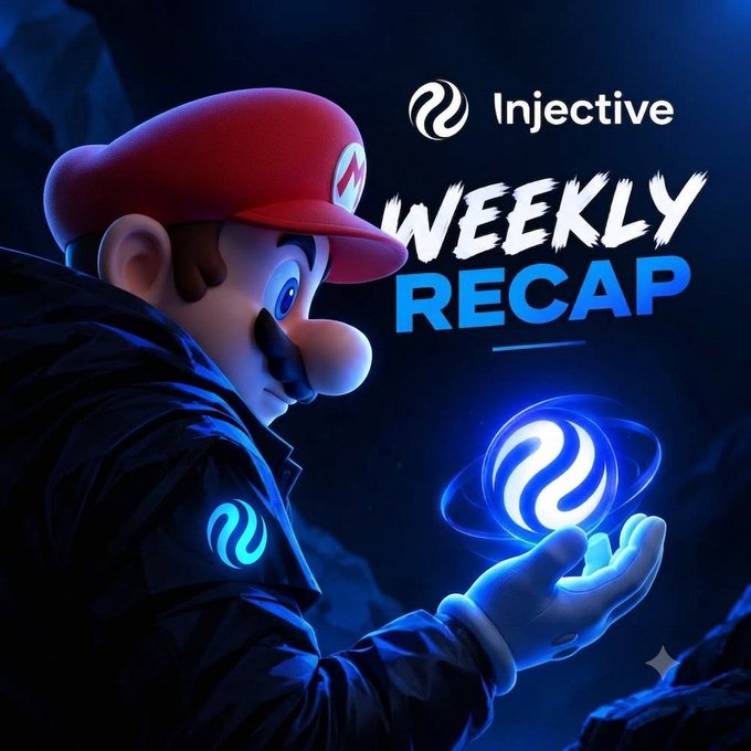 An Injective 'Weekly Recap' graphic featuring a 3D rendering of Mario holding a glowing blue Injective logo.