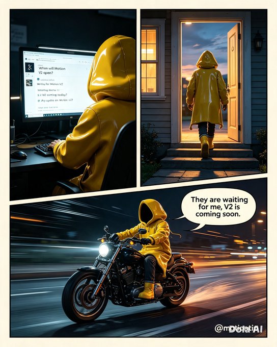 A three-panel AI-generated comic shows a figure in a yellow raincoat on a computer reading 'When will Motion V2 open?', walking out a door at sunset, and riding a motorcycle at night with a speech bubble reading 'They are waiting for me, V2 is coming soon.'
