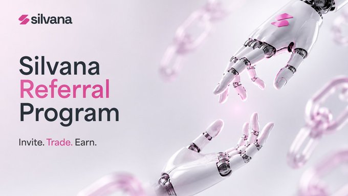 The image features the "Silvana Referral Program — Invite. Trade. Earn." promotional graphic with a sleek logo, the tagline in pink and white text, and an illustrated robotic hand reaching toward floating transparent chain links, symbolizing connection and networking through the new referral initiative.