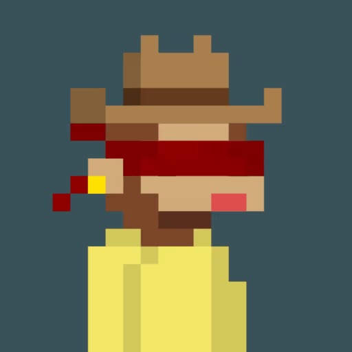 A pixel art character wearing a brown cowboy hat, a red bandana covering the face, and a yellow shirt against a dark blue background.