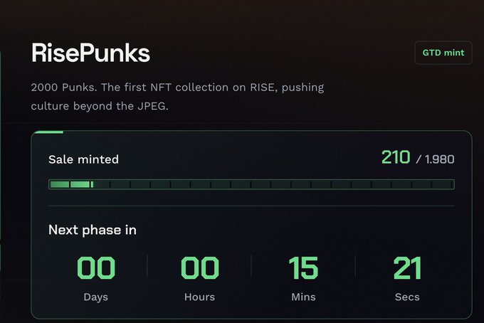 A website interface for 'RisePunks' displays the sale progress, showing 210 out of 1,980 NFTs minted, with a 'GTD mint' badge and a countdown timer to the next phase at 15 minutes and 21 seconds.