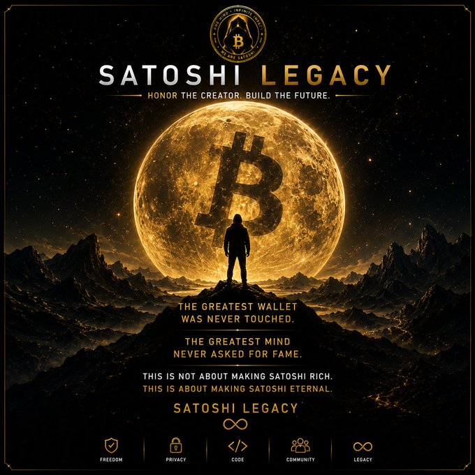 The image features a man standing on top of a mountain, with a large full moon behind him. The caption below the photo reads "The greatest wallet never moved. The greatest mind never chased fame. This isn't about wealth. This is about legacy. WE ARE SATOSHI. CA: 2jCVMBpXQFXquZ9p7LL4tePS7U6pzybG3gvSXNeVpump #elonmusk". The image and caption are related to the post, as they both discuss the importance of legacy and wealth in life.