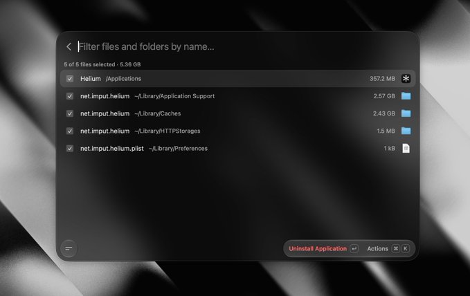 A macOS uninstaller window displays the removal of Helium from the Applications folder, showing 5 selected files totaling 5.36 GB, including Application Support (2.57 GB), Caches (2.43 GB), HTTPStorages (1.5 MB), and Preferences (1 KB). The image illustrates the user taking action to uninstall Helium after growing frustrated with the browser's instability.
