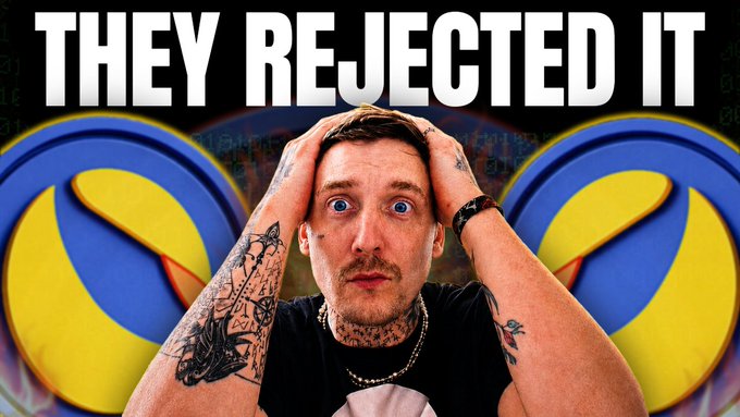 A thumbnail shows a shocked man holding his head beneath the bold headline “THEY REJECTED IT,” flanked by Terra logo graphics. It illustrates the post’s question about validators rejecting the proposed 4.90% USTC supply burn and a video discussing the remaining TFL assets.