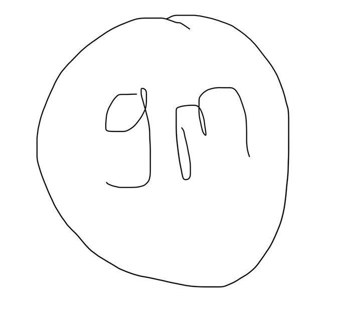 A minimalist black-and-white sketch features a hand-drawn circle containing two abstract, irregular shapes resembling stylized letters.