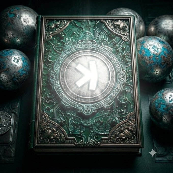 A digital artwork featuring an ornate green book with intricate metalwork, displaying a glowing white symbol on its cover, surrounded by weathered teal and silver orbs on a dark surface.
