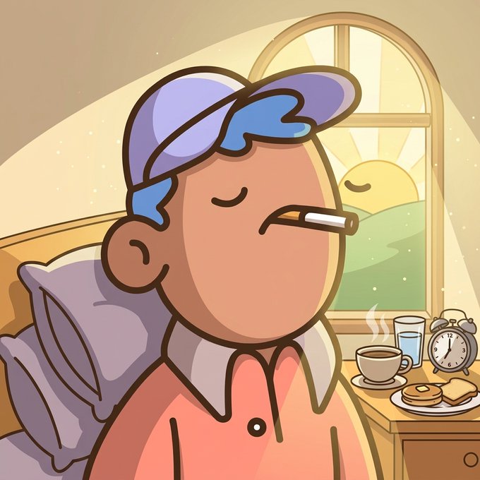 A cartoon illustration of a person wearing a blue sleep mask and pink pajamas, smoking a cigarette in bed next to a nightstand with coffee, cookies, and a clock, with a sunrise visible through the window.