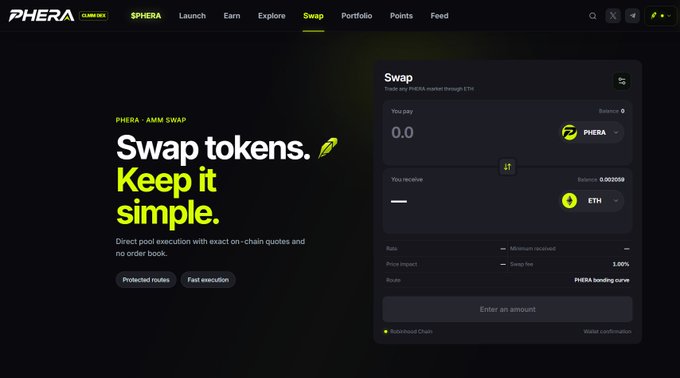 A screenshot of a cryptocurrency swap interface on 'PHERA' platform, showing a PHERA to ETH swap interface with text 'Swap tokens. Keep it simple.'