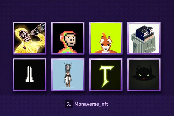 A purple-themed NFT collection showcase displays eight featured pixel-art and digital artwork pieces, with the handle "Monaverse_nft" at the bottom, visually highlighting upcoming NFT drops from projects like Titanshood, Rektguy, and Nibblins mentioned in the post.