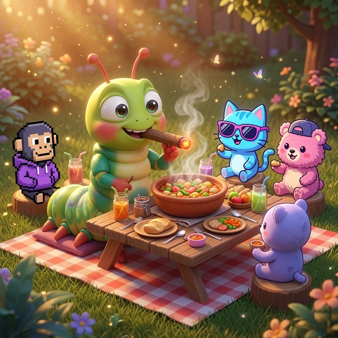 A whimsical digital illustration of a green caterpillar smoking a cigar, a pixelated purple character, a blue cat with sunglasses, a pink bear, and a purple bear having a picnic on a red checkered blanket in a magical garden setting.