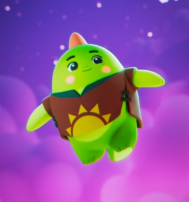 urn of fire, a green frog with a brown hat and jacket, stands on hind legs against a purple sky backdrop.