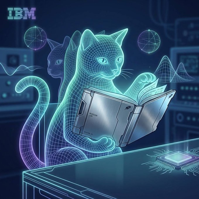 IBM promotional illustration featuring a holographic wireframe cat reading a book while standing on a circuit board with a processor chip.