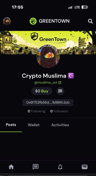 A mobile screenshot of a GreenTown app profile for "Crypto Muslima" (@muslima_sol), showing a wallet address beginning with 0x6f753fb56d and tabs for Posts, Wallet, and Activities.