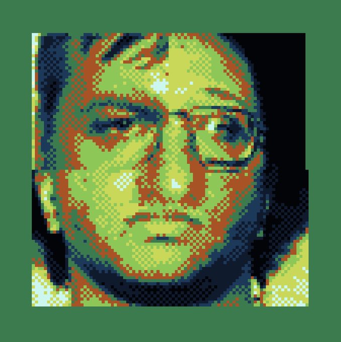 A stylized, high-contrast pixelated portrait of Steve Jobs rendered in bright yellow, green, red, and black colors against a solid green background.