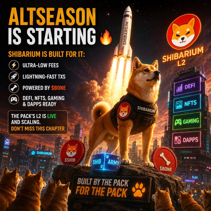 A promotional graphic for Shibarium announces 'ALTSEASON IS STARTING' with text highlighting ultra-low fees, lightning-fast transactions, powered by $BONE, and DeFi/NFTs/Gaming/dApps ready, featuring a Shiba Inu dog wearing a vest in front of a rocket launch.