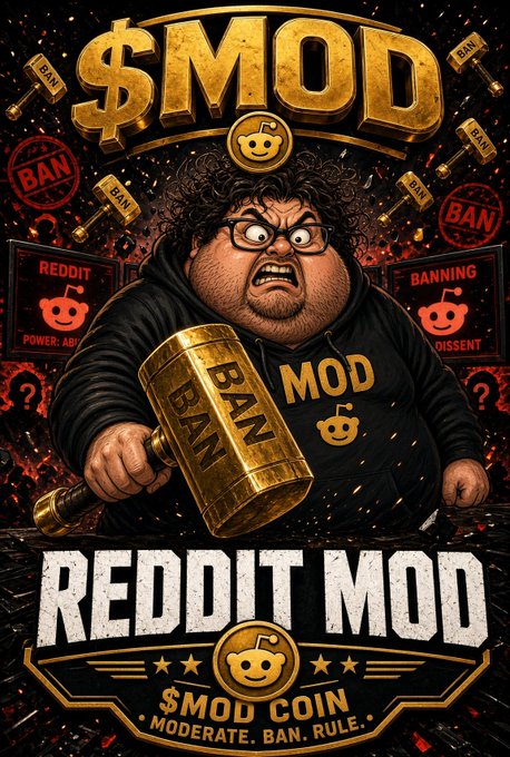 A cartoon illustration depicts an angry character holding a golden 'BAN' hammer, with text reading '$MOD', 'REDDIT MOD', and '$MOD COIN - MODERATE. BAN. RULE.'
