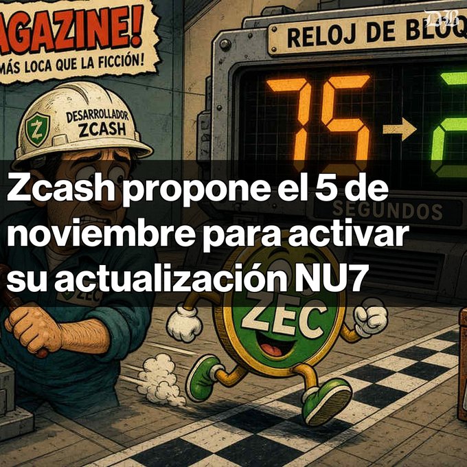 A cartoon illustration in comic style shows a ZEC coin mascot running, with Spanish text reading 'Zcash propone el 5 de noviembre para activar su actualización NU7' and a digital countdown clock in the background.