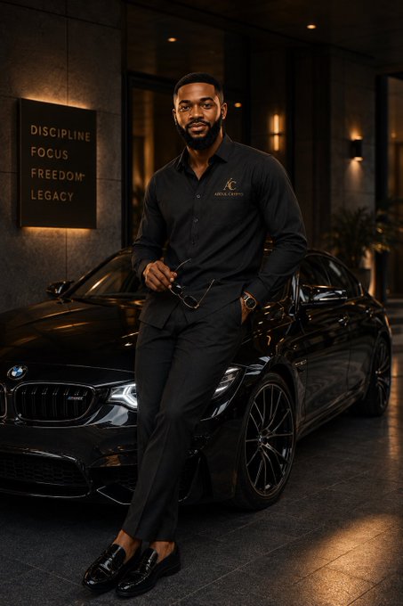 A confident man in a black shirt and pants stands in front of a black BMW, holding glasses, with a sign reading 'DISCIPLINE FOCUS FREEDOM LEGACY' on the wall behind him.