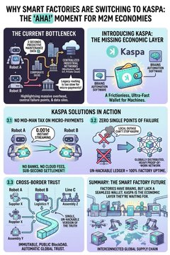An infographic titled 'WHY SMART FACTORIES ARE SWITCHING TO KASPA: THE AHA! MOMENT FOR M2M ECONOMIES' explaining Kaspa's solutions including no middleman trustless micropayments, zero single points of failure, cross-border trust, and summary of smart factory future.