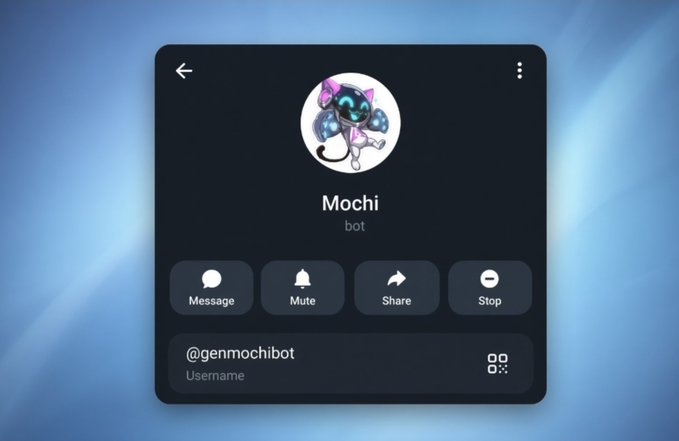 A Telegram bot profile screen displaying a cat avatar with the name "Mochi bot" and username "@genmochibot," with interactive buttons for Message, Mute, Share, and Stop. The image relates to the post by showing the bot interface for "Mochi," the GenLayer chatbot the user was conversing with about smart contracts and judgment-based decisions.