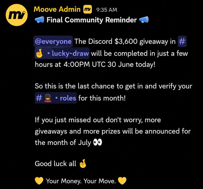 Discord message from Moove Admin at 9:35 AM announcing a Final Community Reminder for a $3,600 Discord giveaway lucky-draw at 4:00 PM UTC on June 30, with more giveaways promised for July.