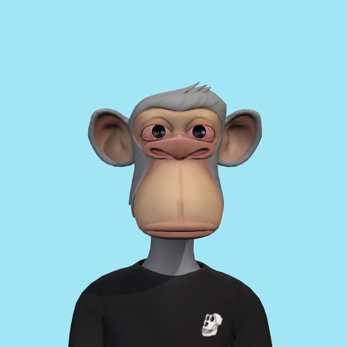 3D-rendered monkey character with large ears wearing a black t-shirt against a light blue background.