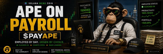 A Solana meme coin promotional banner featuring a chimpanzee in office attire at a computer, with bold text 'APE ON PAYROLL' and '$PAYAPE', displaying stats like 'PAYCHECK TO TENDIES', 'EMPLOYEE STATUS: CLOCKED IN', 'PRODUCTIVITY 100% DEGEN', and 'PORTFOLIO +420.69%'.
